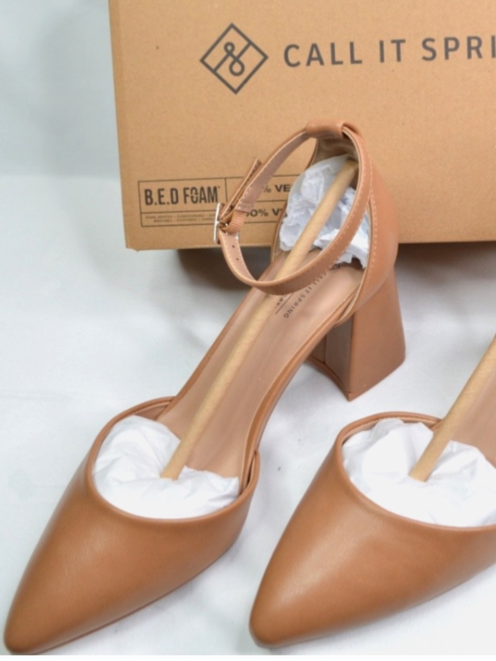 Call It Spring Heels Daliaa US 9 Cognac Brown Closed toe Strap Vegan B.E.D. Foam